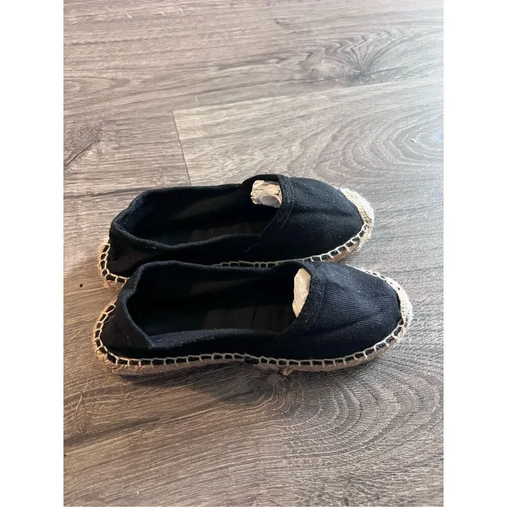 Cousu Main Kids Flat Slip On Canvas Espadrilles Black